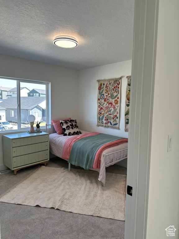 Bedroom featuring carpet floors and a textured ceiling