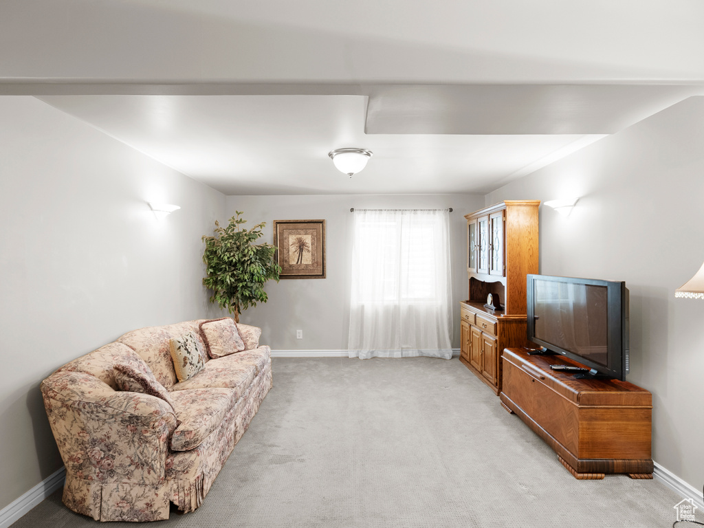 Living room featuring light colored carpet and baseboards