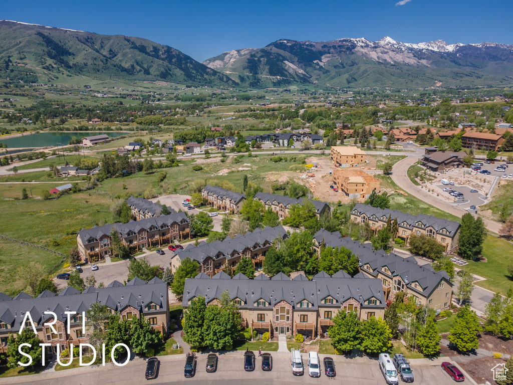 Drone / aerial view of a mountainous background