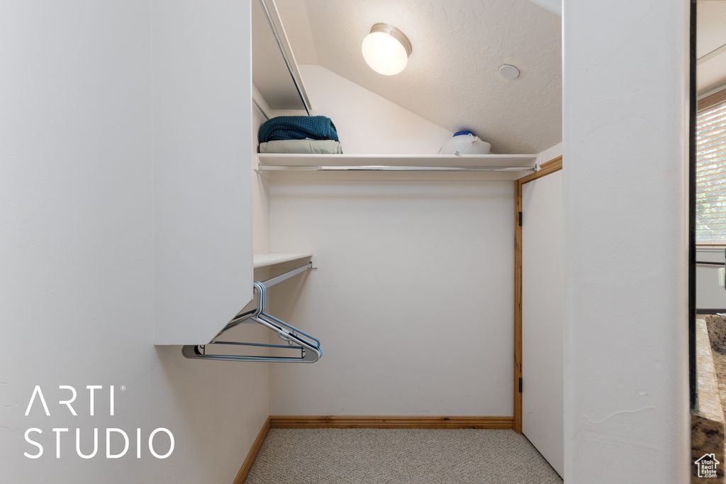 Spacious closet featuring carpet flooring and vaulted ceiling