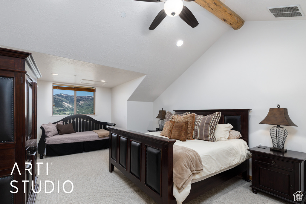 Bedroom with light colored carpet, a ceiling fan, and recessed lighting