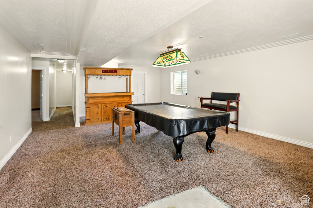 Game room featuring pool table, baseboards, carpet floors, and ornamental molding