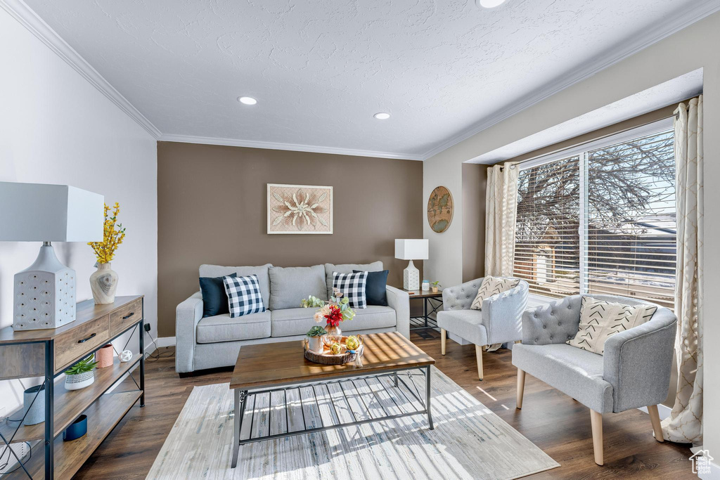 Living room featuring ornamental molding, recessed lighting, wood finished floors, and baseboards