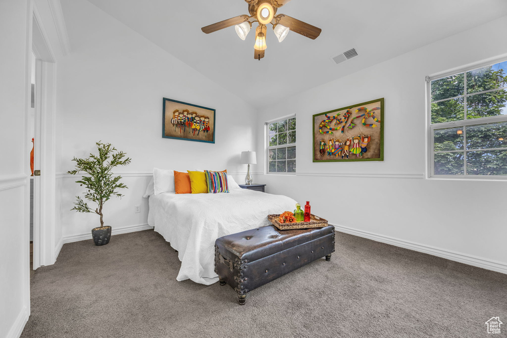 Carpeted bedroom with multiple windows, lofted ceiling, baseboards, and ceiling fan