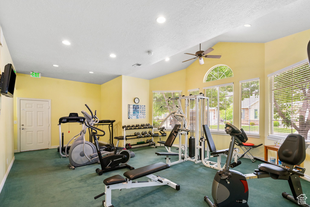 Gym featuring ceiling fan, healthy amount of natural light, baseboards, recessed lighting, and lofted ceiling