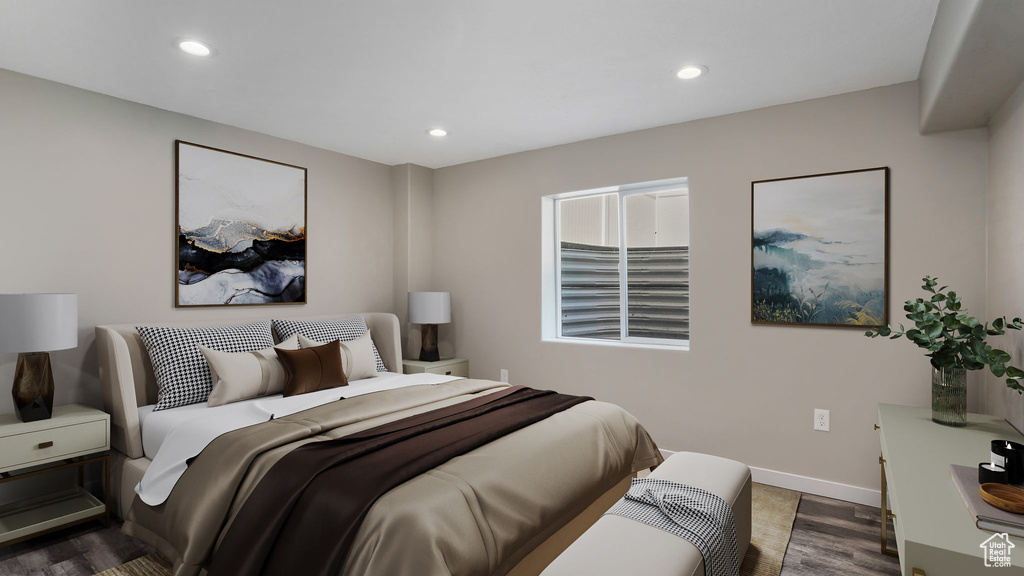 Bedroom featuring recessed lighting, wood finished floors, and baseboards
