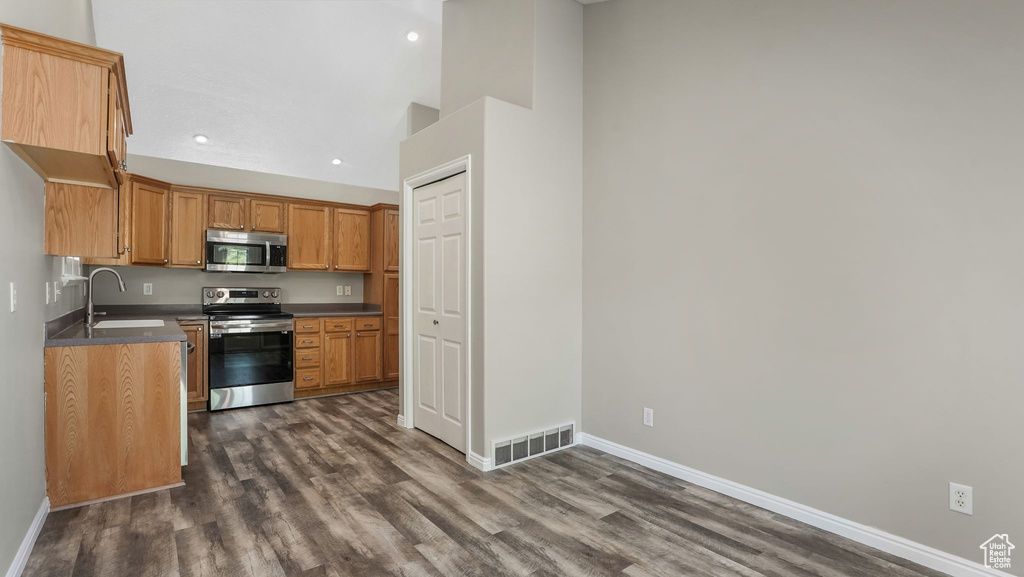 Kitchen featuring appliances with stainless steel finishes, a sink, baseboards, dark wood-type flooring, and recessed lighting