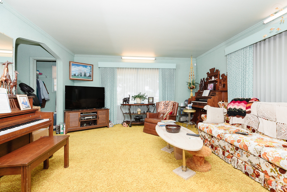 Living room with ornamental molding, arched walkways, and carpet flooring