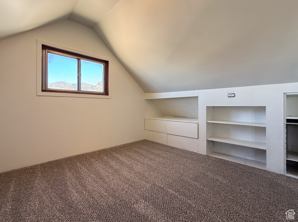 Additional living space with carpet floors, vaulted ceiling, and built in shelves