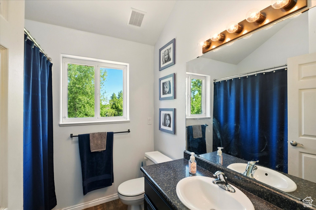 Full bath with vaulted ceiling, toilet, vanity, and curtained shower