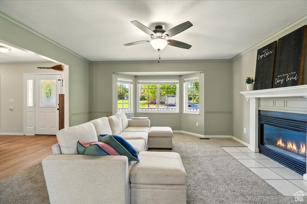 Carpeted living room featuring a ceiling fan, a fireplace with flush hearth, ornamental molding, and baseboards