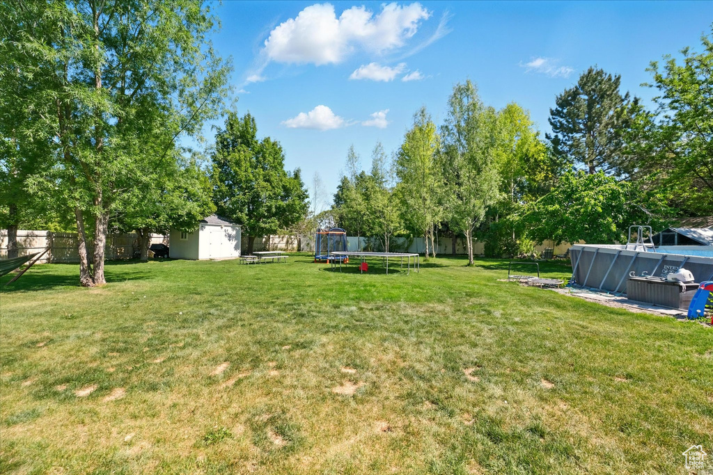 View of yard featuring a trampoline and an outdoor pool