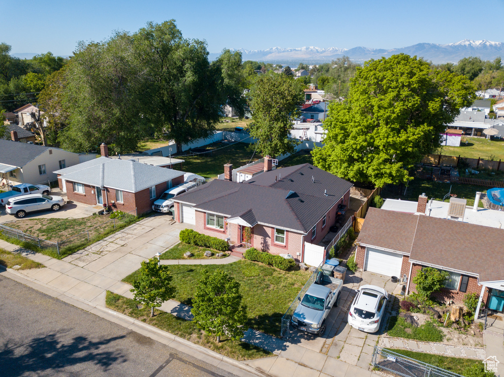 Aerial perspective of suburban area with mountains