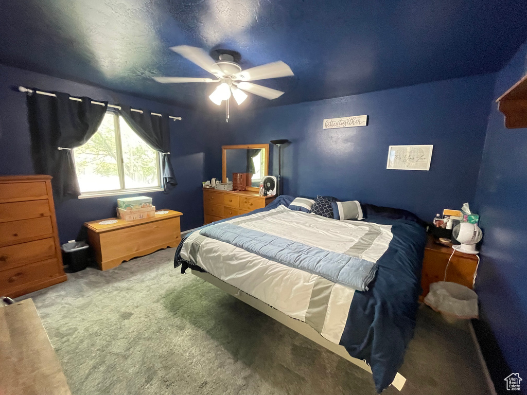 Carpeted bedroom with a ceiling fan