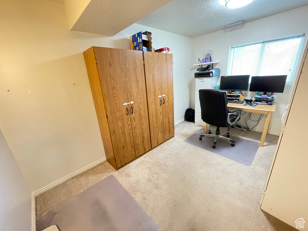 Office area featuring light carpet and baseboards