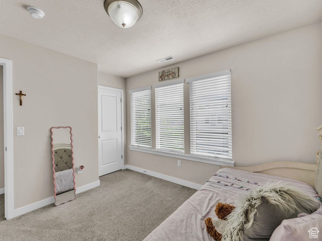 Bedroom with carpet, baseboards, and a textured ceiling