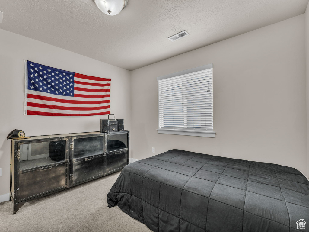 Bedroom featuring carpet floors, baseboards, and a textured ceiling