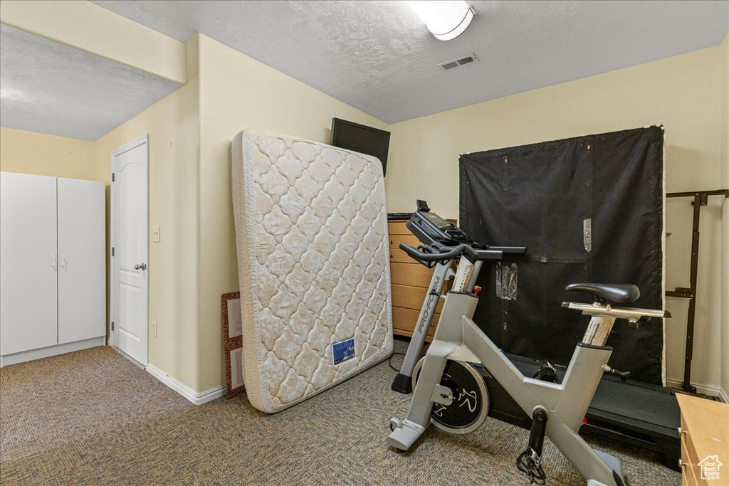 Workout room featuring carpet, a textured ceiling, and baseboards