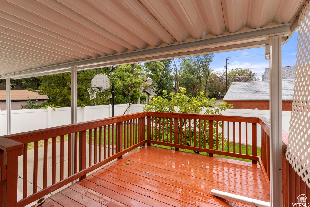 Deck with a fenced backyard
