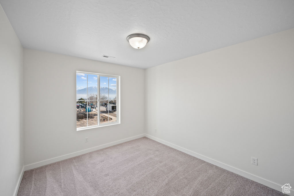 Spare room with carpet floors, baseboards, and a mountain view