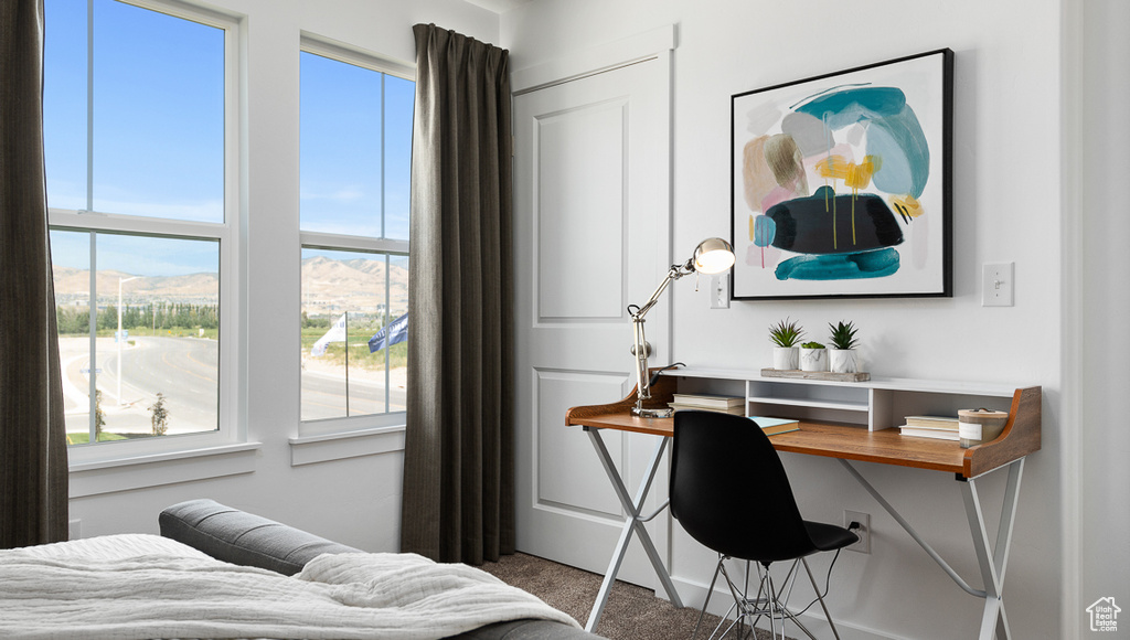 Carpeted bedroom featuring a desk