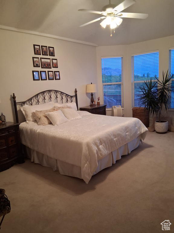 Carpeted bedroom featuring a ceiling fan