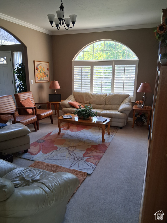 Carpeted living room with plenty of natural light, ornamental molding, and a chandelier