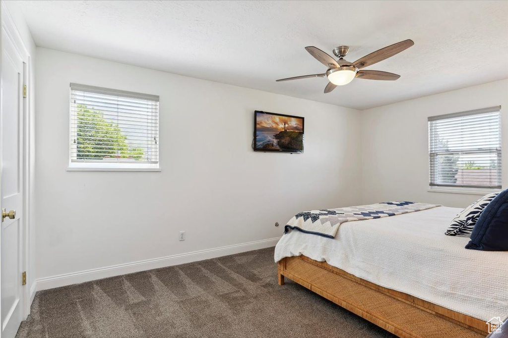 Bedroom featuring multiple windows, baseboards, dark carpet, and a ceiling fan