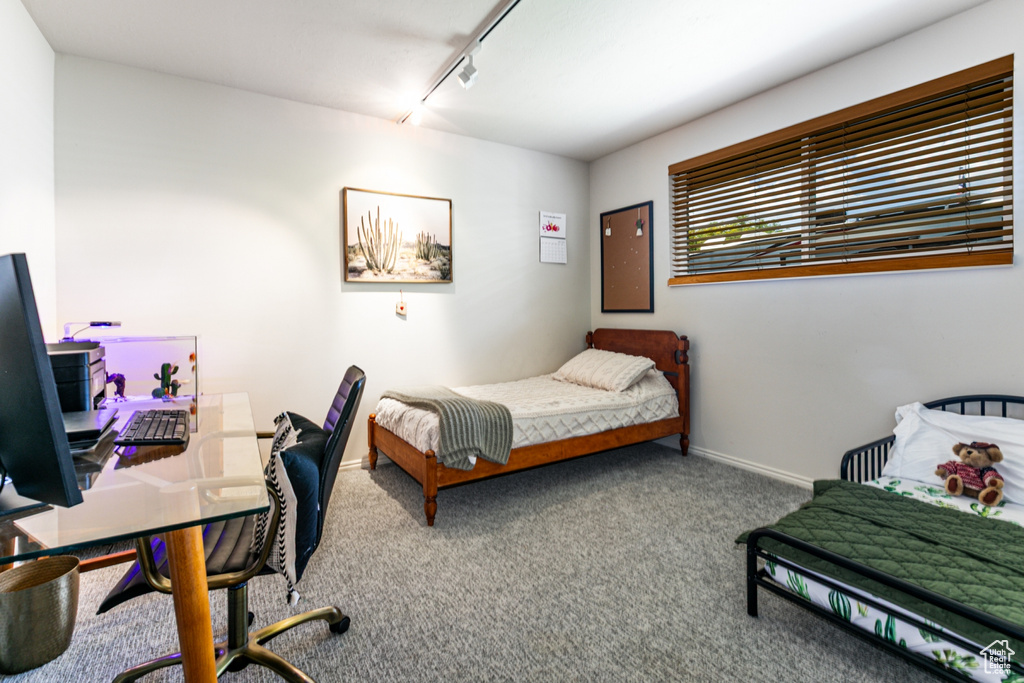 Bedroom featuring carpet floors, a desk, baseboards, and track lighting