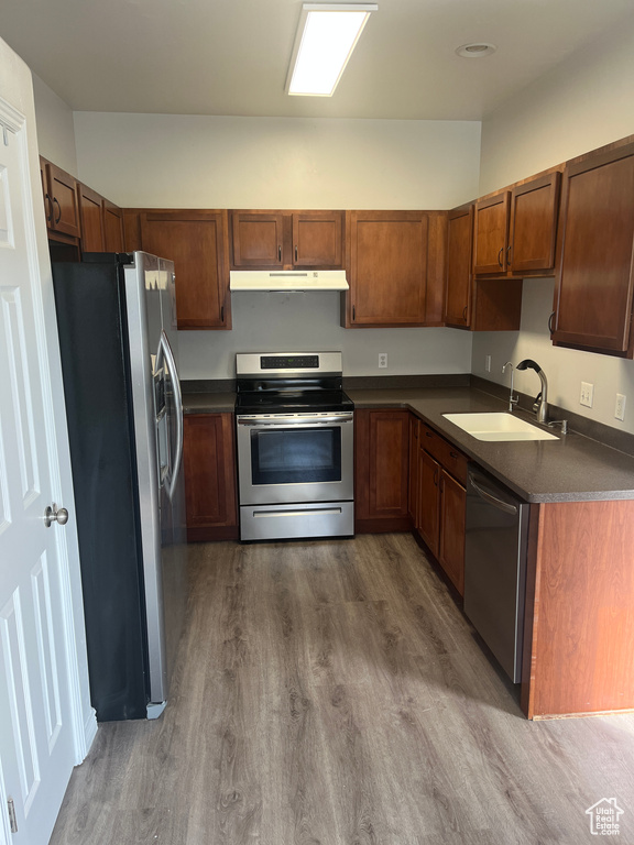 Kitchen featuring stainless steel appliances, under cabinet range hood, dark countertops, a sink, and dark wood-type flooring