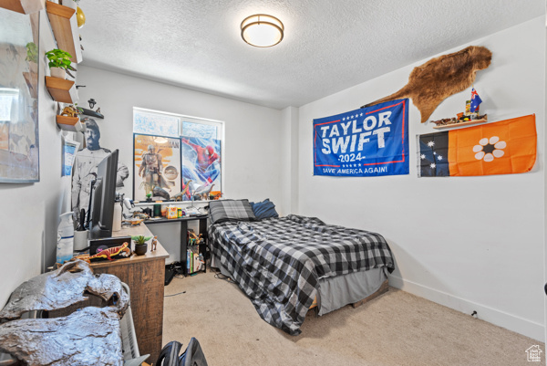 Bedroom with a textured ceiling, carpet floors, and baseboards