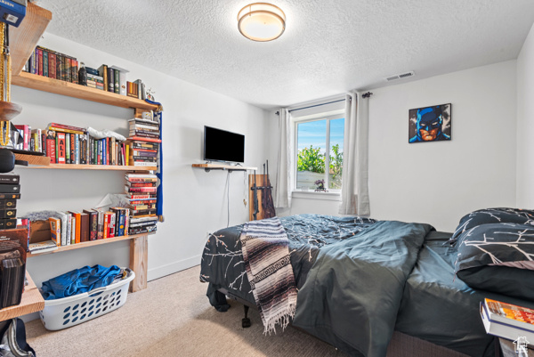 Carpeted bedroom featuring a textured ceiling