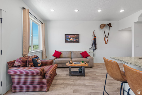 Living area featuring recessed lighting, light wood-style flooring, and baseboards