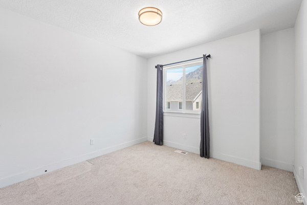 Spare room featuring light colored carpet and baseboards