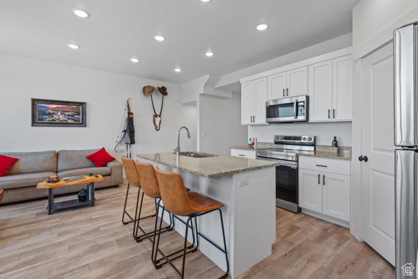 Kitchen featuring stainless steel appliances, a sink, recessed lighting, light stone countertops, and light wood-style flooring