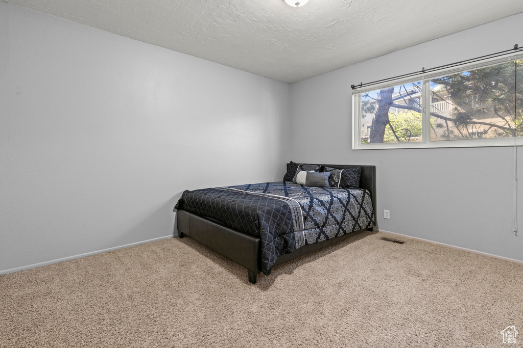 Carpeted bedroom with baseboards and a textured ceiling