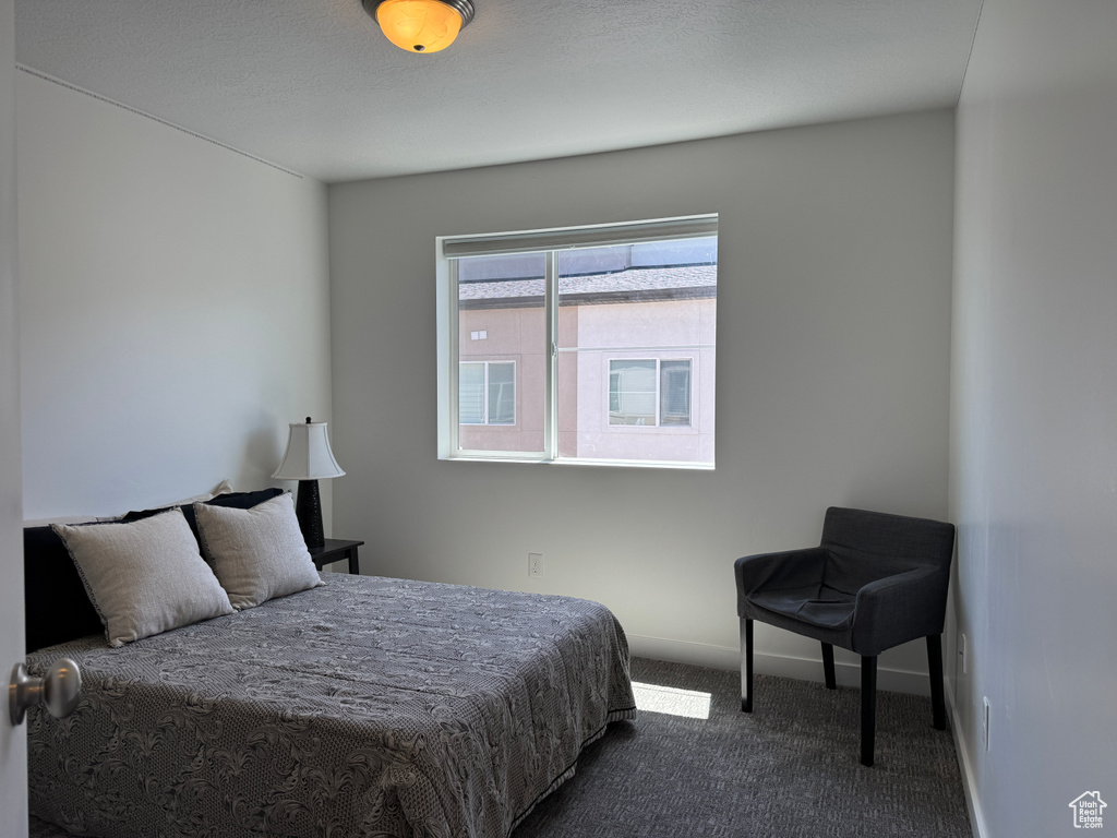 Bedroom with dark colored carpet and baseboards