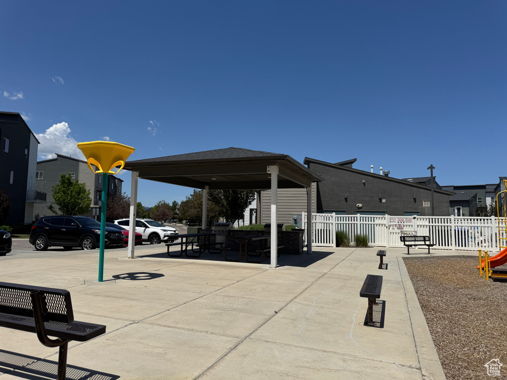 View of patio with a gazebo