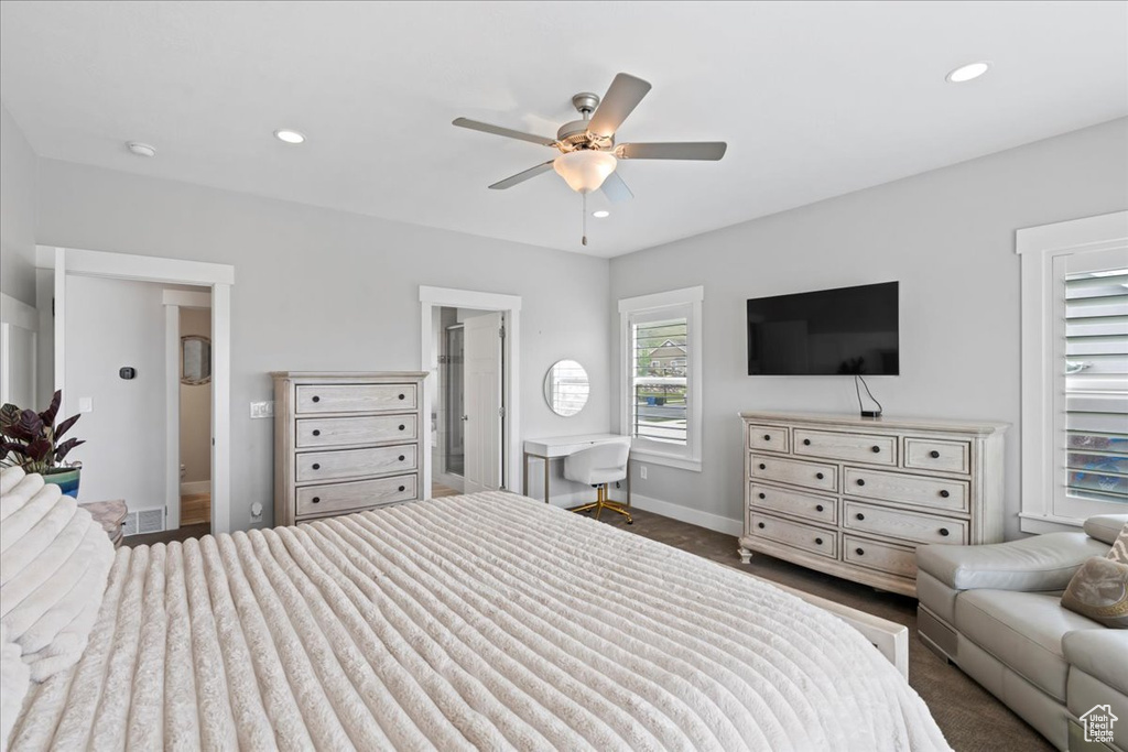 Bedroom with baseboards, recessed lighting, and ceiling fan