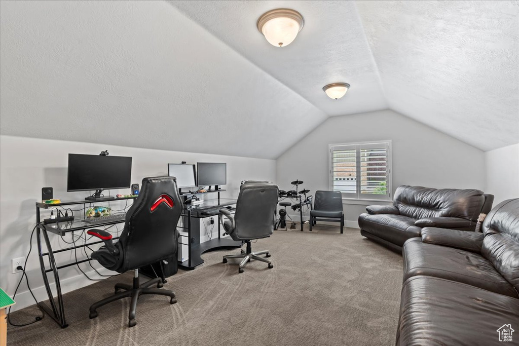 Office with carpet, a textured ceiling, lofted ceiling, and baseboards