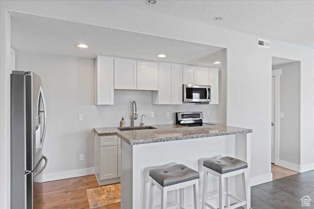 Kitchen featuring stainless steel appliances, a sink, baseboards, light wood finished floors, and recessed lighting