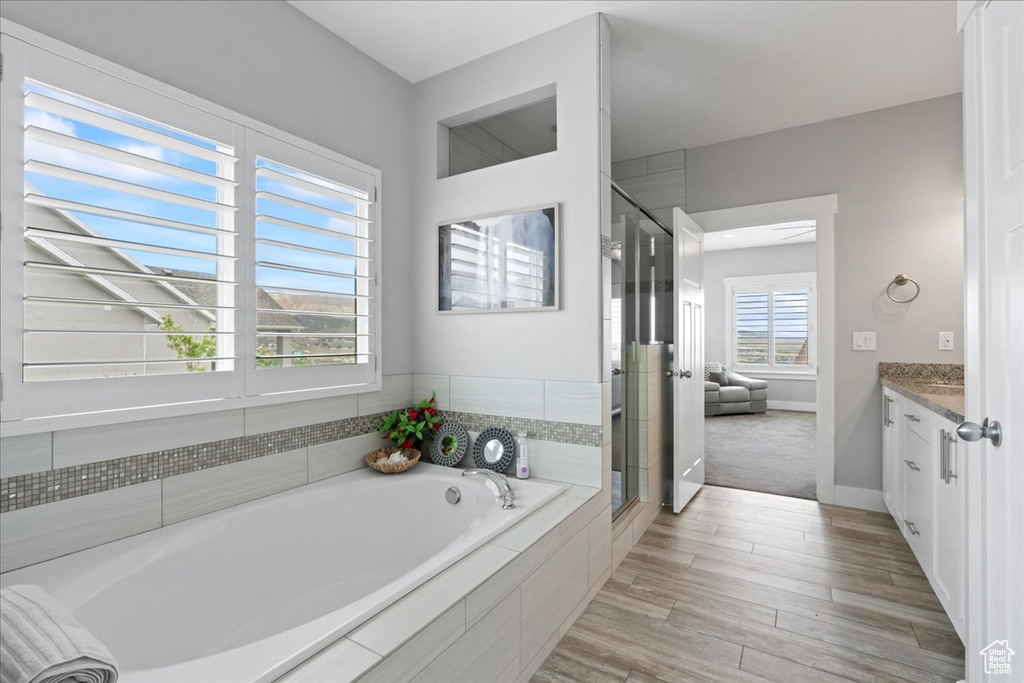 Bathroom featuring vanity, a garden tub, a shower stall, and wood finished floors