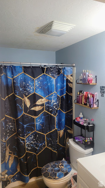 Full bath with vanity, a textured ceiling, toilet, and curtained shower