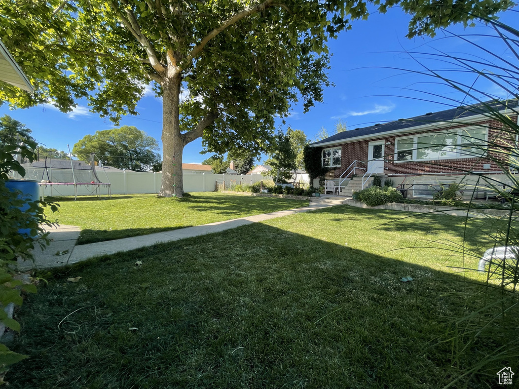 View of yard with a trampoline