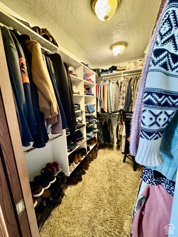 Walk in closet with carpet floors