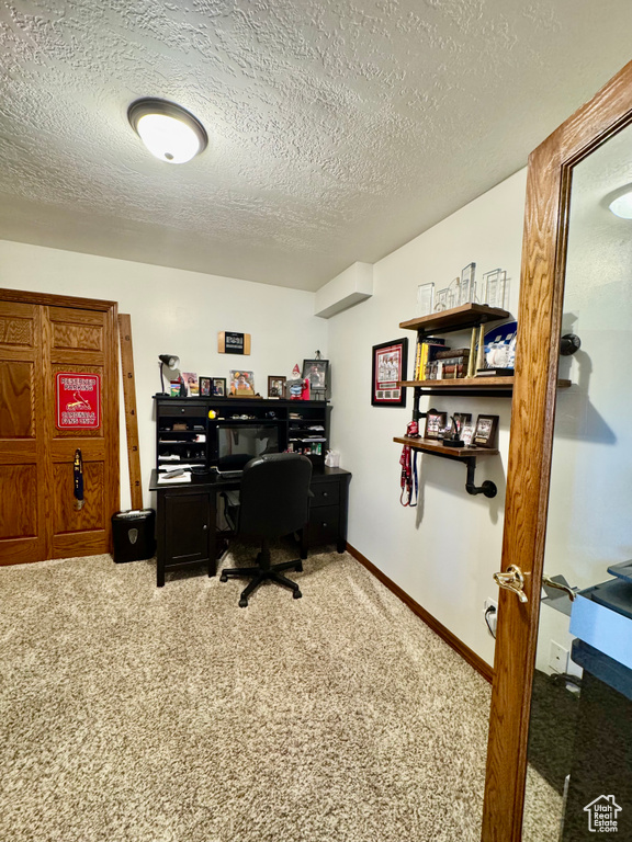 Carpeted office space with a textured ceiling and baseboards