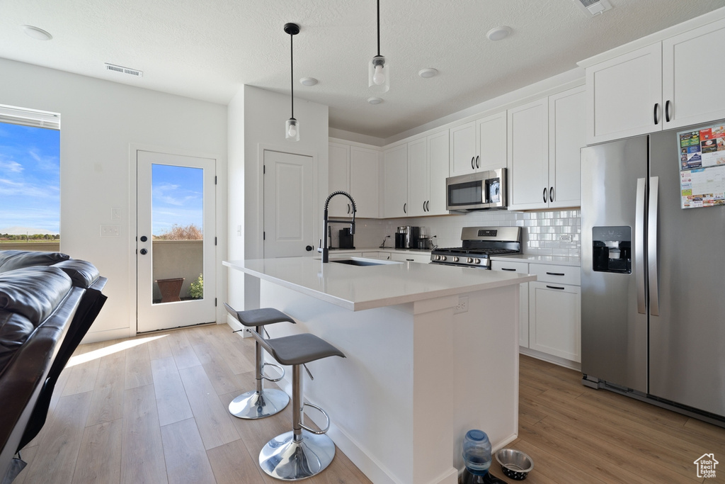 Kitchen with appliances with stainless steel finishes, a sink, light wood-style floors, decorative backsplash, and a kitchen island with sink