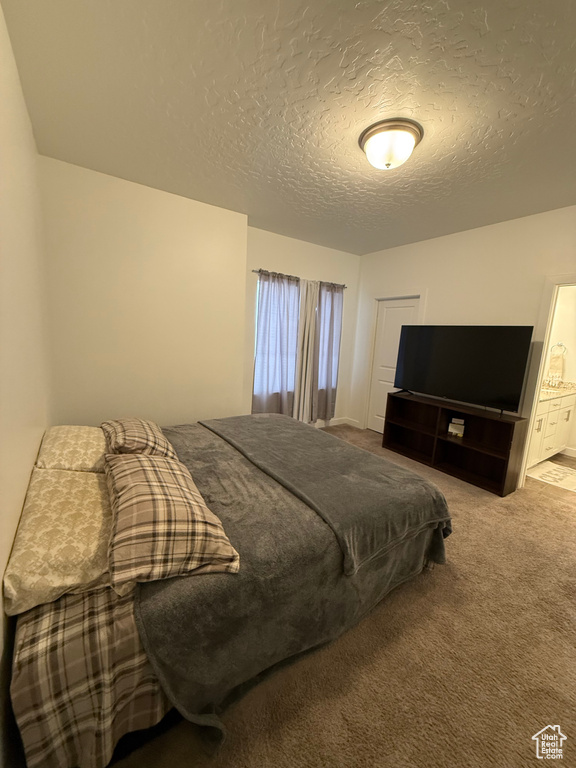 Bedroom with a textured ceiling, carpet flooring, and ensuite bathroom
