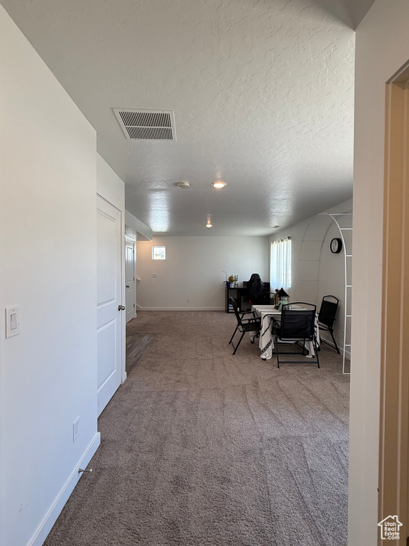 Interior space with carpet, baseboards, a textured ceiling, and an office area
