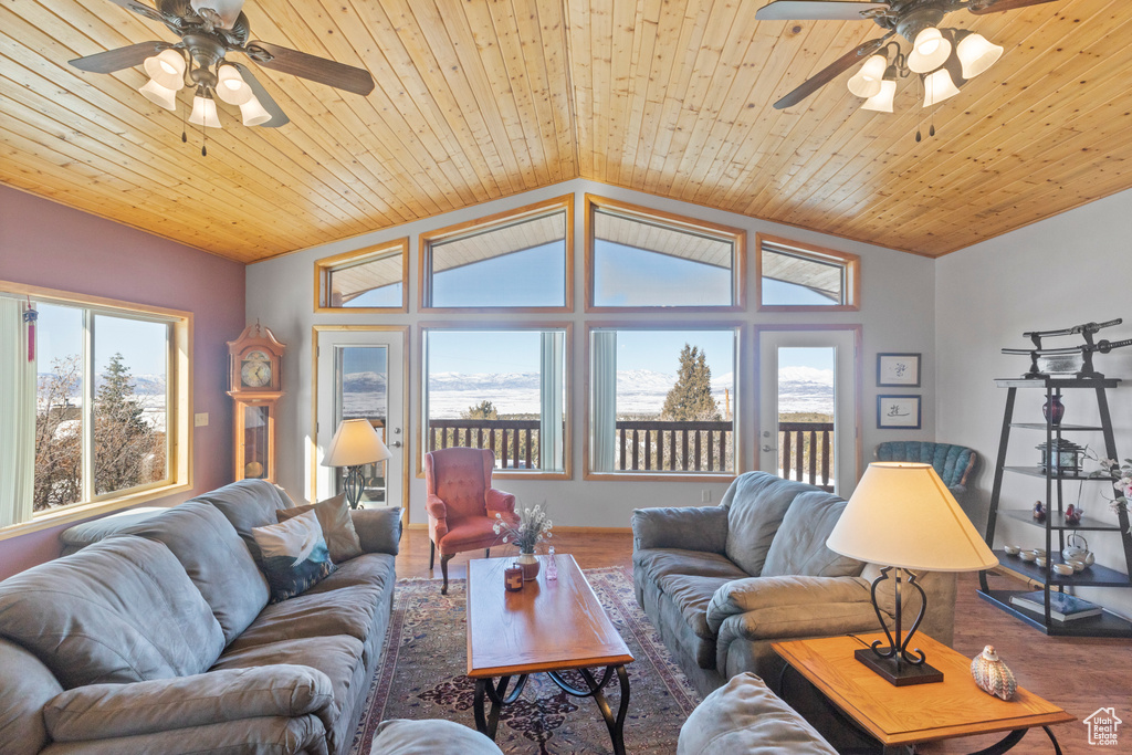 Living room with a ceiling fan, wood finished floors, vaulted ceiling, and wooden ceiling